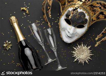 top view mask carnival with glitter champagne bottle