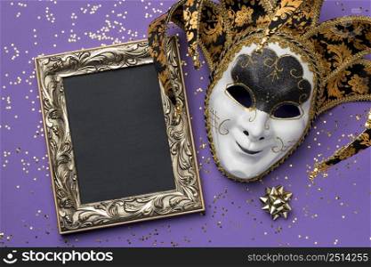 top view mask carnival with glitter frame