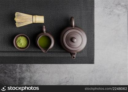 top view matcha tea with teapot