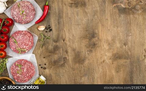 top view meat with oil copy space