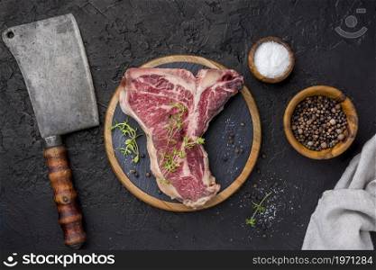 top view meat with spices cleaver. High resolution photo. top view meat with spices cleaver. High quality photo