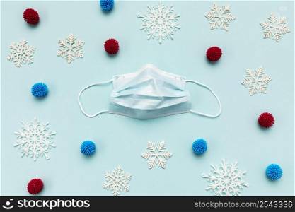 top view medical mask decorative snowflakes