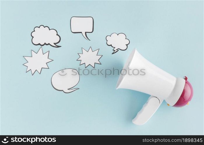 top view megaphone with chat bubbles. Resolution and high quality beautiful photo. top view megaphone with chat bubbles. High quality beautiful photo concept