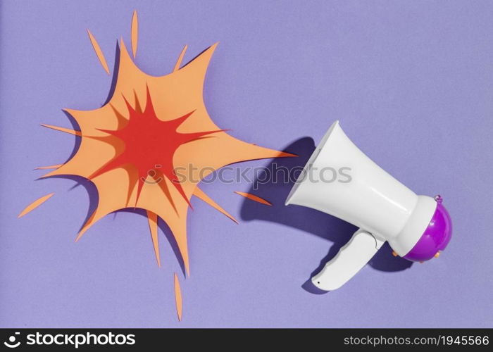 top view megaphone with paper shape. High resolution photo. top view megaphone with paper shape. High quality photo