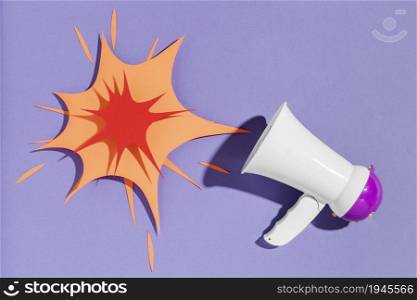 top view megaphone with paper shape. High resolution photo. top view megaphone with paper shape. High quality photo