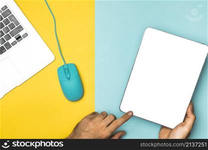 top view mockup tablet with colourful background