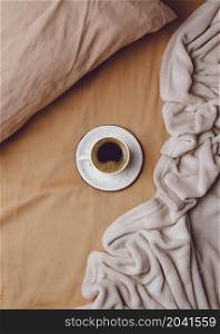 top view morning coffee cup bed
