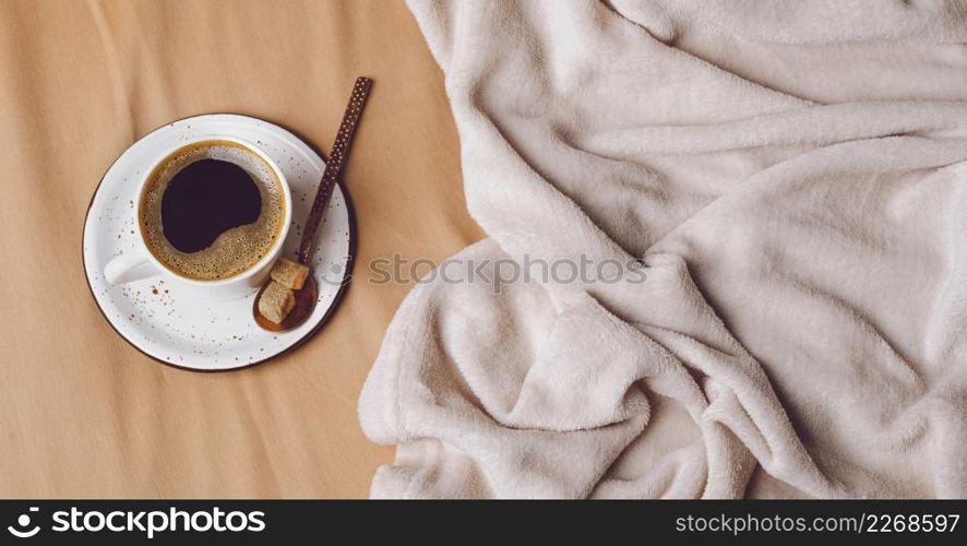 top view morning coffee cup bed with copy space