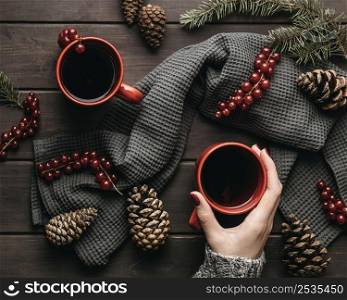top view mugs with hot drink