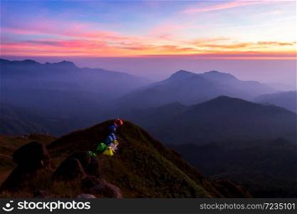 Top View Mulayit Taung golden light of the morning sun and the mist covered on Mount Mulayit,Myanmar