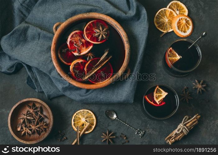 top view mulled wine with star anise. Resolution and high quality beautiful photo. top view mulled wine with star anise. High quality and resolution beautiful photo concept
