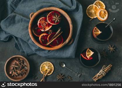 top view mulled wine with star anise. Resolution and high quality beautiful photo. top view mulled wine with star anise. High quality and resolution beautiful photo concept