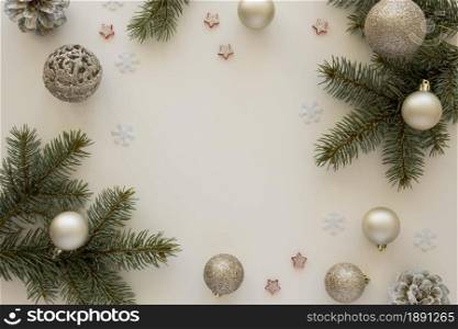 top view natural pine needles and christmas globes. Resolution and high quality beautiful photo. top view natural pine needles and christmas globes. High quality and resolution beautiful photo concept