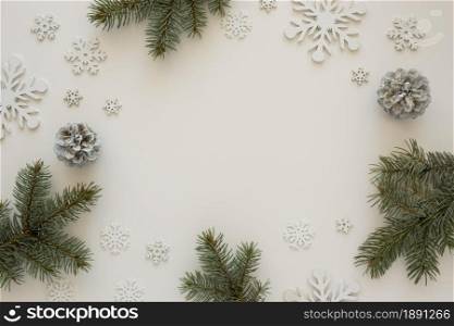 top view natural pine needles with snowflakes. Resolution and high quality beautiful photo. top view natural pine needles with snowflakes. High quality and resolution beautiful photo concept