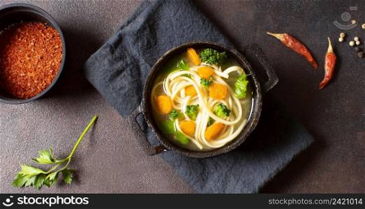 top view noodle soup winter meals