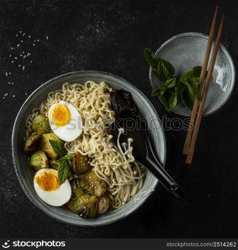 top view noodles bowl arrangement
