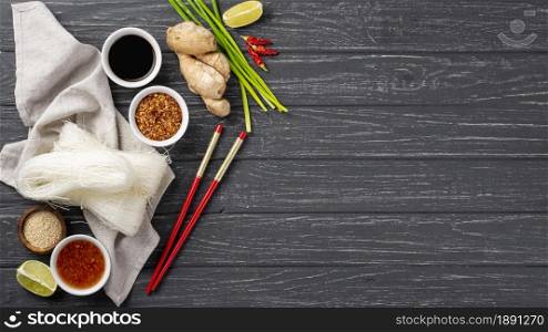 top view noodles spices with copy space. Resolution and high quality beautiful photo. top view noodles spices with copy space. High quality and resolution beautiful photo concept