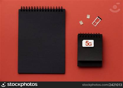 top view notebooks with sim card