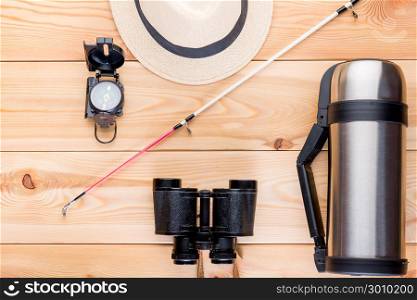 top view objects to search for fish and fishing on the wooden floor