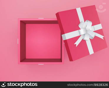 top view of 3d red opened gift box with white ribbon and blank space inside, empty package