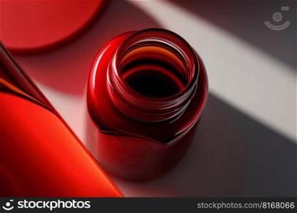 top view of a bottle of red nail polish varnish flows. Illustration Generative AI 