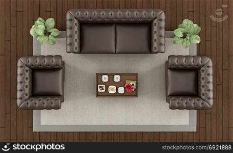 Top view of a classic living room. Top view of a classic living room with brownsofa,armchairs and coffee table on carpet - 3d rendering