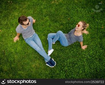 Top view of a happy young couple in the park together