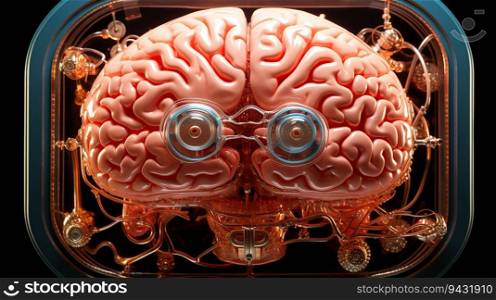 Top view of a human brain enheanced with biotech - elements,created by AI