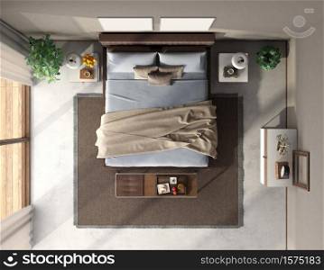 Top view of a modern master bedroom with double bed,bench and chest of drawers- 3d rendering. Top view of a blue and brown master bedroom