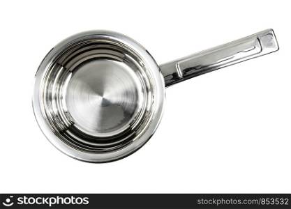 Top view of a professional stainless steel metal cooking pan isolated on a white background.