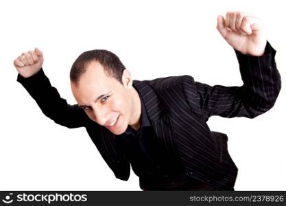 Top view of a young and happy businessman, isolated on white background