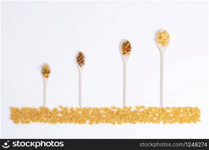 Top view of an assortment of wooden spoons with assorted pasta over an horizontal line made of pasta.Design concept.. Assorted wooden spoons with a variety of pasta