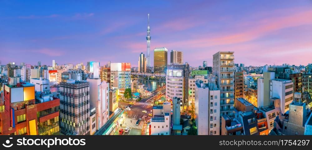 Top view of Asakusa area in Tokyo Japan at sunset