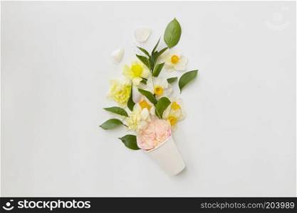 Top view of beautiful bouquet of flowers represented in pot isolated on white background. Blank space may be used for noting your ideas, emotions, etc.. Bouquet of flowers