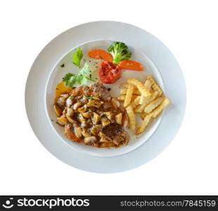 top view of beef steak with mushrooms sauce and vegetable