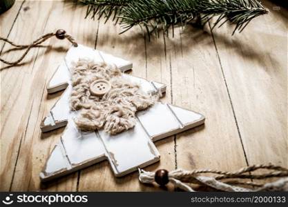 top view of beige and green Christmas decorations cozy home hygge