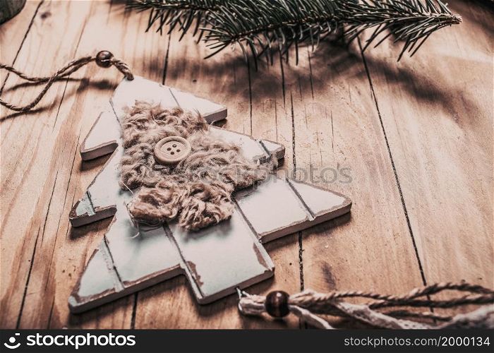 top view of beige and green Christmas decorations cozy home hygge