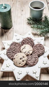 top view of beige and green Christmas decorations cozy home hygge