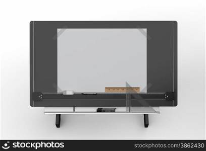 Top view of black metallic drawing table with tools , clipping path included