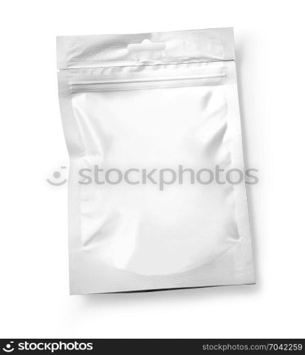 Top view of blank paper pouch food packaging isolated on white with clipping path