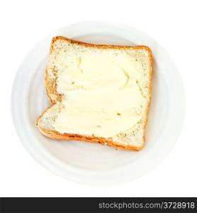 top view of bread and butter sandwich on white plate isolated on white background