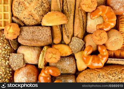 Top view of bread and rolls. Healthy food background.