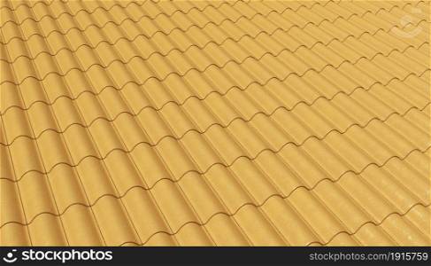 Top view of brown double corrugated tiles on roof home or house pattern texture background. Shingle construction. 3d abstract illustration