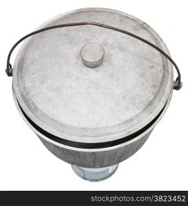 top view of camping sooty pot on gas burner isolated on white background