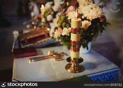 Top view of candles, before the wedding ceremony in the church. Top view of candles, before the wedding ceremony in the church. Divine Liturgy