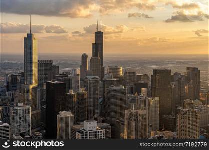 Top view of Chicago cityscape river side at the sunset time, USA downtown skyline, Architecture and building with tourist concept,