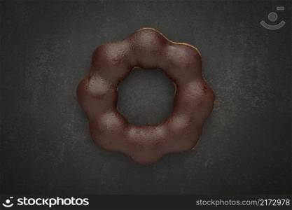top view of chocolate donut on dark gray, grey, black tone texture background with copy space
