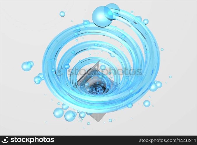 Top view of clothes washing machine with the door open, inside it comes a blue water jet in the form of a spiral with bubbles floating in white background. 3D Illustration. Clothes washing machine with the door open, inside it comes a blue water jet in the form of a spiral with bubbles floating in white background. 3D Illustration