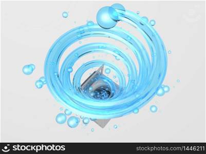 Top view of clothes washing machine with the door open, inside it comes a blue water jet in the form of a spiral with bubbles floating in white background. 3D Illustration. Clothes washing machine with the door open, inside it comes a blue water jet in the form of a spiral with bubbles floating in white background. 3D Illustration