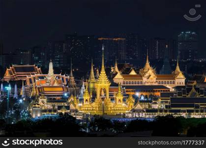 Top view of Construction site of the Royal funeral pyre of King Bhumibol Adulyadejaadej at twilight in Sanam Luang Bangkok, with background is the palace of Thailand.. Royal funeral pyre.